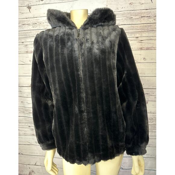 Faux fur hooded coat jacket zippered closing Dressbarn size small - Picture 4 of 12